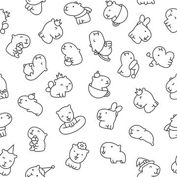 Cute capybara. Seamless pattern. Coloring Page. Stock Illustration