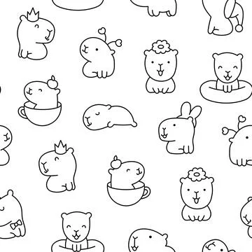 Cute capybara. Seamless pattern. Coloring Page. Stock Illustration