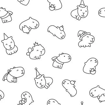 Cute capybara. Seamless pattern. Coloring Page. Stock Illustration
