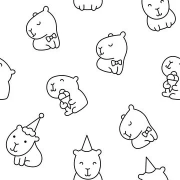 Cute capybara. Seamless pattern. Coloring Page. Stock Illustration