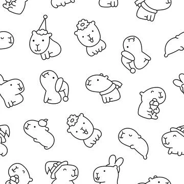 Cute capybara. Seamless pattern. Coloring Page. Stock Illustration