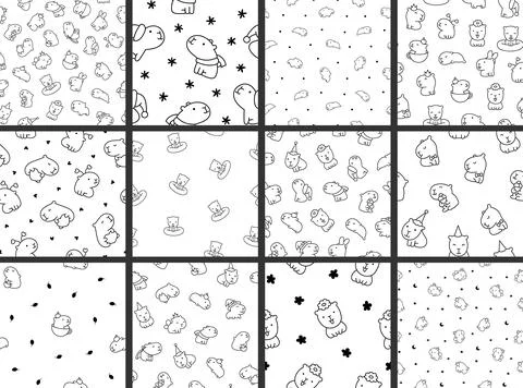 Cute capybara. Seamless pattern. Coloring Page. Stock Illustration