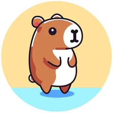 Cute capybara set. Funny flat cartoon animal collection.In the yellow circle. Stock Photos
