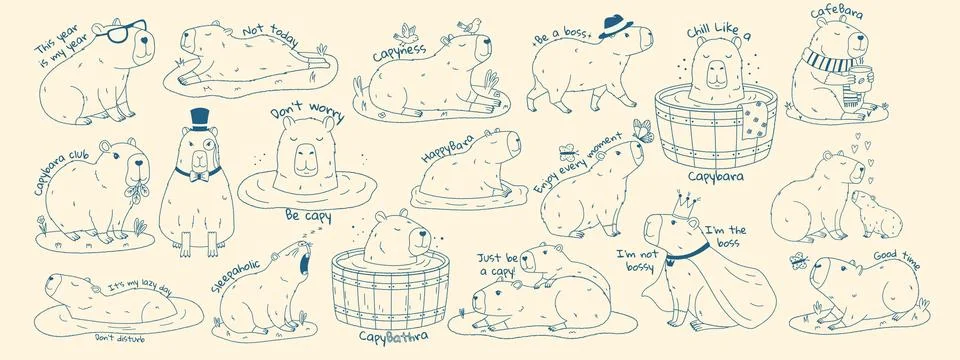 Cute capybara set with text. Set of exotic rodents swimming in pond, relaxi.. 스톡 일러스트