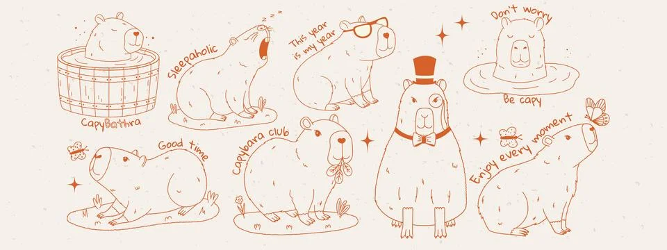 Cute capybara set with text. Set of rodent characters swimming in pond, rel.. Stock Illustration