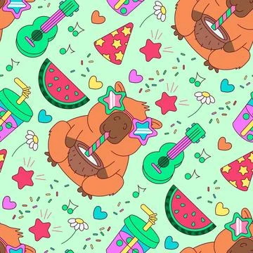 Cute Capybara Summer Seamless Pattern Kawaii Animal Background with Watermelon Stock Illustration