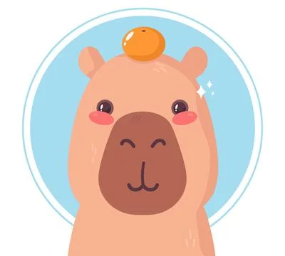 Cute capybara with tangerine on a head. Vector illustration Stock Illustration