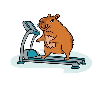 A cute capybara on a treadmill. Vector illustration flat style Stock Illustration