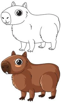Cute Capybara Vector Illustration in Colored and Line Art Styles Stock Illustration
