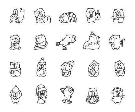 Cute capybara on winter holidays. Coloring Page. 스톡 일러스트