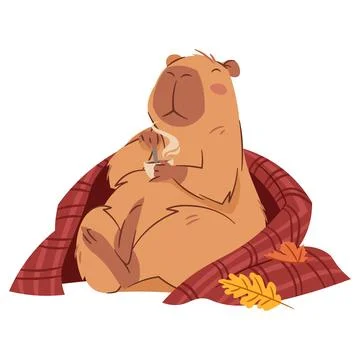 Cute Capybara Wrapped in Plaid Blanket with Warm Drink Mug. Funny Cartoon R.. Stock Illustration