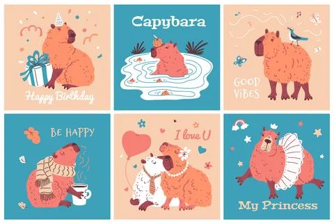Cute capybaras on card vector design set with inscriptions I love you, Good Stock Illustration