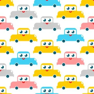 Cute car pattern. funny auto cartoon style background. Baby cloth texture. ki Stock Illustration