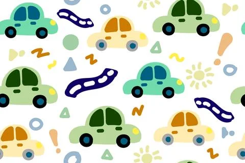 Cute car seamless pattern. Kids hand drawn automobile background. Doodle boy Stock Illustration
