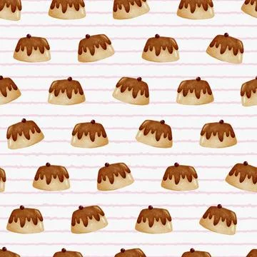 Cute caramel custard pudding seamless pattern Stock Illustration