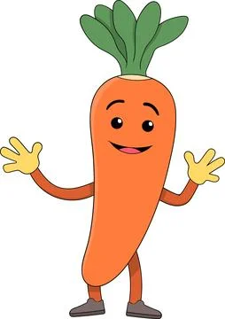 Cute Carrot Character with Happy Expression and Green Leaf Top in Fun Carto.. Stock Illustration