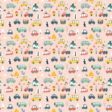 Cute Cars Seamless Pattern, Cartoon transportation Doodles Background, vector Stock Illustration