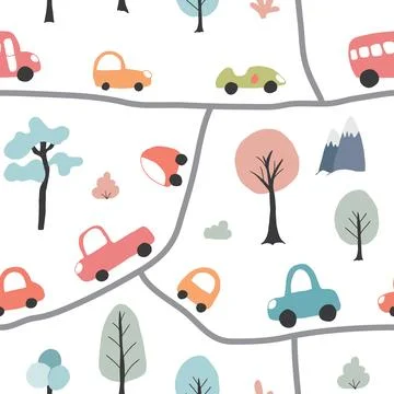 Cute Cars Seamless Pattern, Childish Cartoon background, vector Illustration Stock Illustration