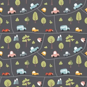 Cute Cars Seamless Pattern, Childish Cartoon background, vector Illustration Stock Illustration