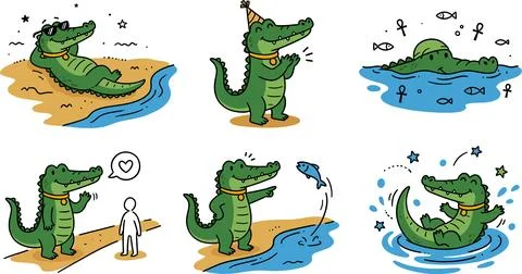 Cute Cartoon Alligator Character Set in Various Poses and Activities. Stock Illustration