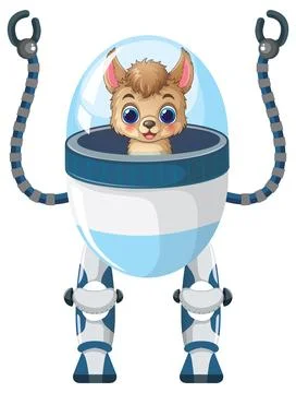 Cute Cartoon Alpaca Pilot Inside a Futuristic Robot Suit Vector Stock Illustration