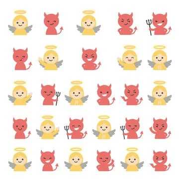 Cute cartoon angels and devils with halos and horns, various expressions an.. Stock Illustration