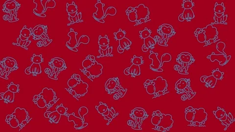 Cute cartoon animal doodle pattern on red background for nursery textile design Stock Footage 344909871