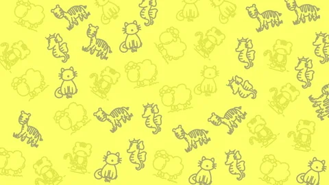 Cute Cartoon Animal Pattern Seamless Background Yellow Kitten Tiger Sheep Video stock 338315217