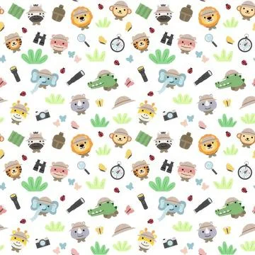 Cute cartoon animals and objects in playful pattern Stock Illustration