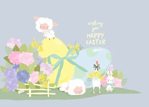 Cute Cartoon Animals with Big Easter Eggs Stock Illustration