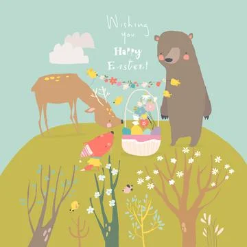 Cute Cartoon Animals celebrating Easter in the Spring Forest Stock Illustration