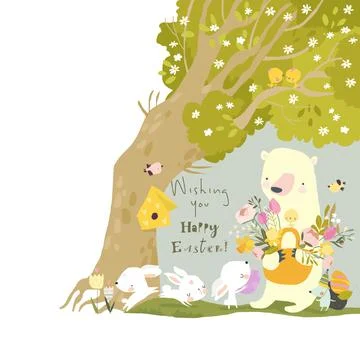 Cute Cartoon Animals celebrating Easter in the Spring Forest Stock Illustration