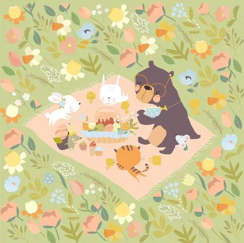 Cute Cartoon Animals celebrating Easter on Flowers Meadow Stock Illustration