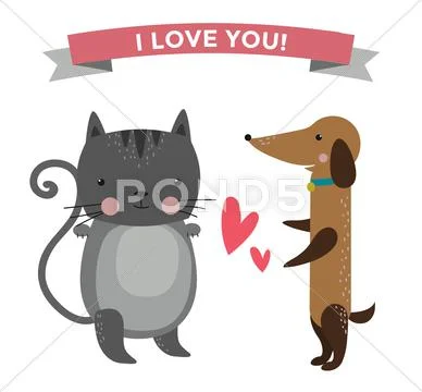 Cute cartoon animals couples fall in love banner vector illustration Stock Illustration