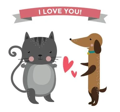 Cute cartoon animals couples fall in love banner vector illustration Stock Illustration