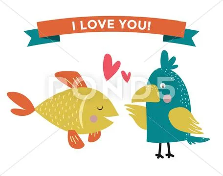 Cute cartoon animals couples fall in love banner vector illustration Stock Illustration