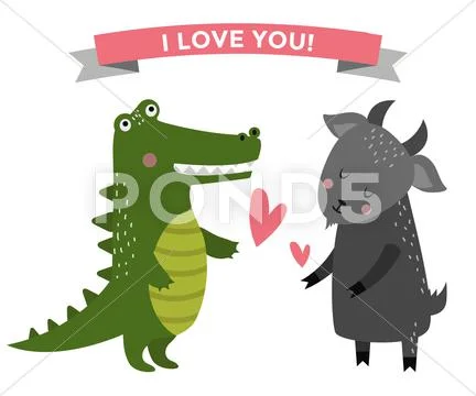 Cute cartoon animals couples fall in love banner vector illustration Stock Illustration
