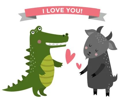 Cute cartoon animals couples fall in love banner vector illustration Stock Illustration
