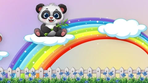 Cute Cartoon Animals Floating on Clouds Over a Rainbow Background Stock Footage 342319816