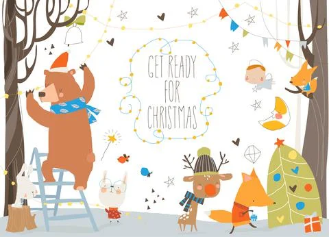 Cute Cartoon Animals getting ready for Christmas Stock Illustration