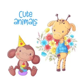 Cute cartoon animals monkey and giraffe hand drawing. Stock Illustration