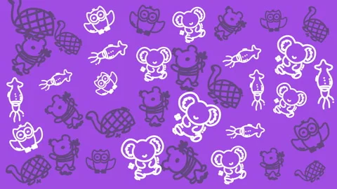 Cute Cartoon Animals Pattern Seamless Background Purple Owl Koala Turtle Squid Video stock 338315237