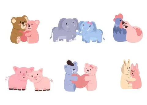 Cute cartoon animals set with bears elephants pigs and rabbits Stock Illustration