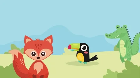 Cute cartoon animals set including a fox a toucan and a crocodile in a flat.. Stock Footage 338831441