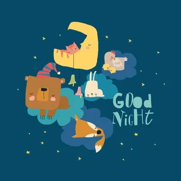 Cute cartoon animals sleeping on clouds. Sweet dreams Stock Illustration