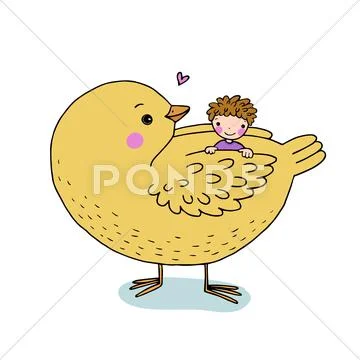 Cute cartoon baby and big bird Stock Illustration