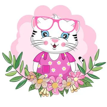 Cute cartoon baby cat in sunglasses with beautiful flowers. Stock Illustration