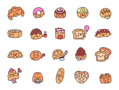 Cute cartoon bakery set featuring smiling Stock Illustration