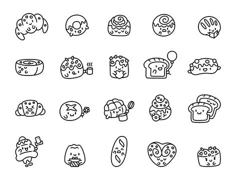 Cute cartoon bakery set featuring smiling Stock Illustration