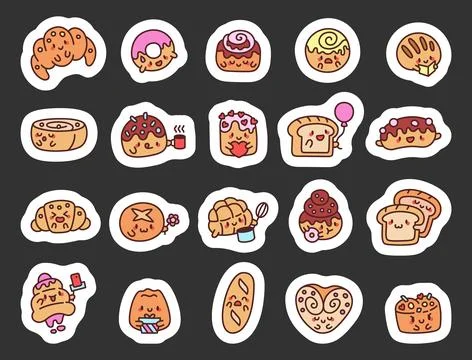 Cute cartoon bakery set featuring smiling Stock Illustration
